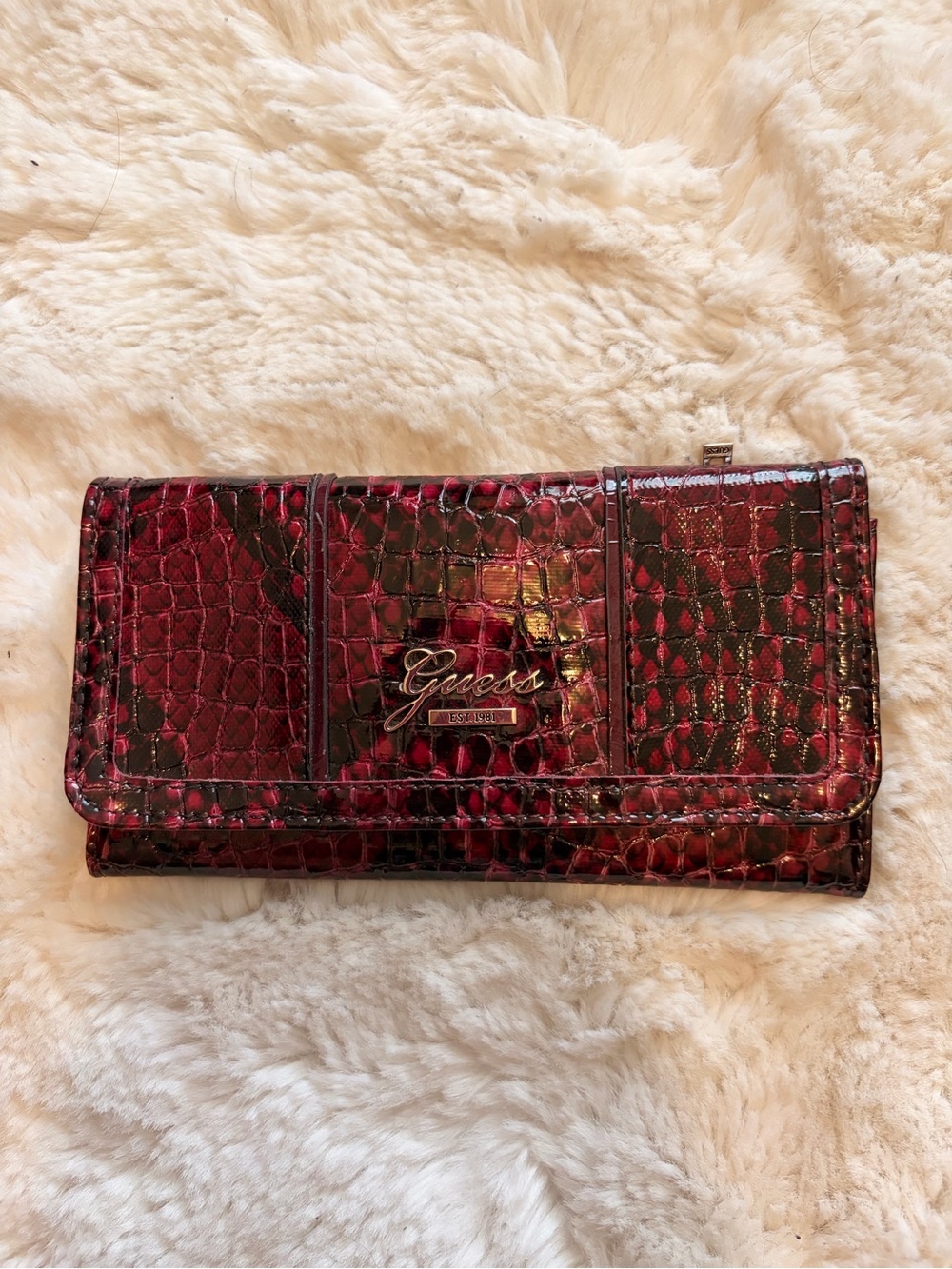 GUESS Burgundy Croc-Embossed Wallet with Black Accents - Picture 2 of 5